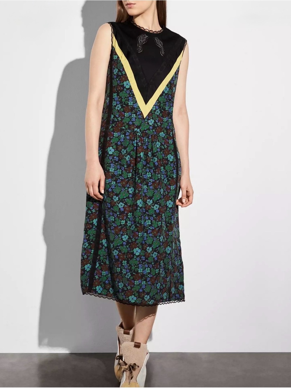 COACH 1941 Daisy Print Sleeveless Beaded Varsity Midi Dress US 0 Sleeveless